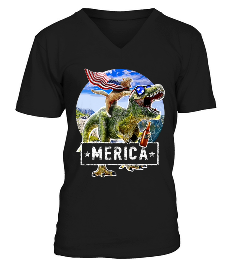 Dinosaur Merica T Rex Cat 4th Of July American Flag Shirt V-Neck T-shirt