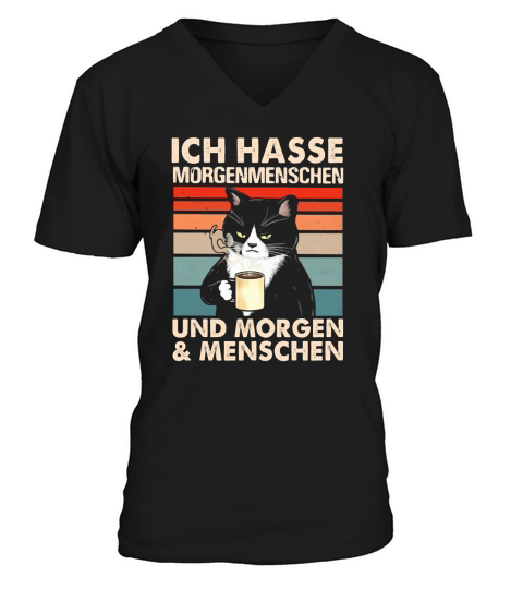 Black Cat Ich Hasse Morgenmenschen Und Morgen And Menschen V-Neck T-shirt