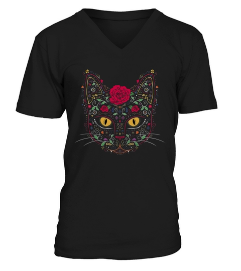 DAY OF THE DEAD KITTY CAT SUGAR SKULL V-Neck T-shirt