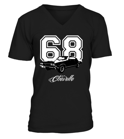 1968 Chevelle Three Quarter Angle View with Year and Model Name Dark Color V-Neck T-shirt