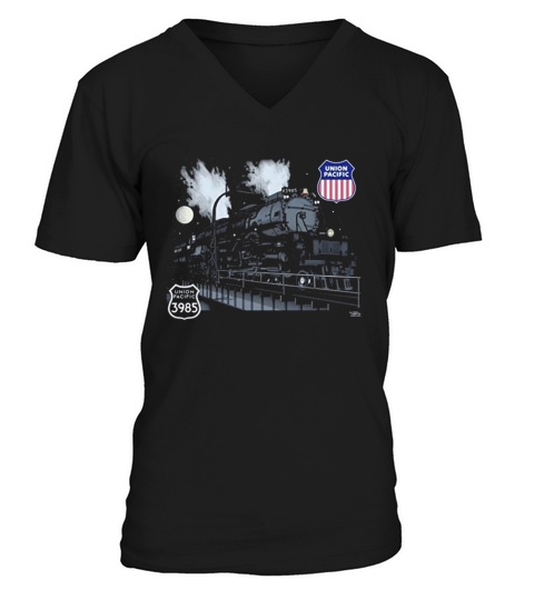 Union Pacific Challenger 3985 at Night Railroad V-Neck T-shirt