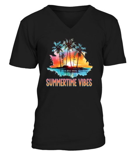 Summertime Vibes 80s Sunset Palm Tree V-Neck T-shirt
