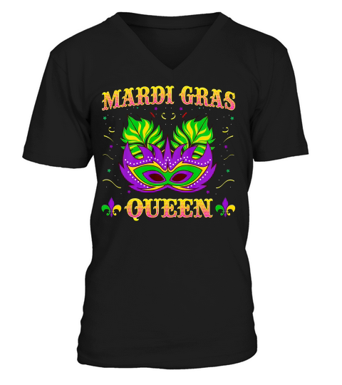 Mardi Gras Queen Beads Face Covering Carnival Celebration Gift V-Neck T-shirt