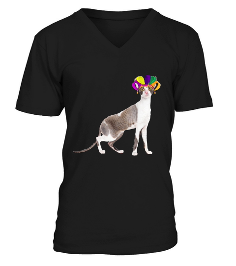 Fat Tuesday Mardi Gras Cornish Rex Wearing Jester Hat Gift Cat Lovers V-Neck T-shirt