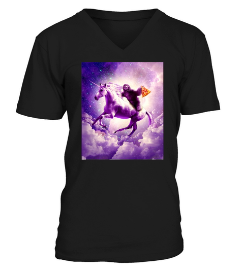 Space Sloth Riding On Flying Unicorn With Pizza V-Neck T-shirt