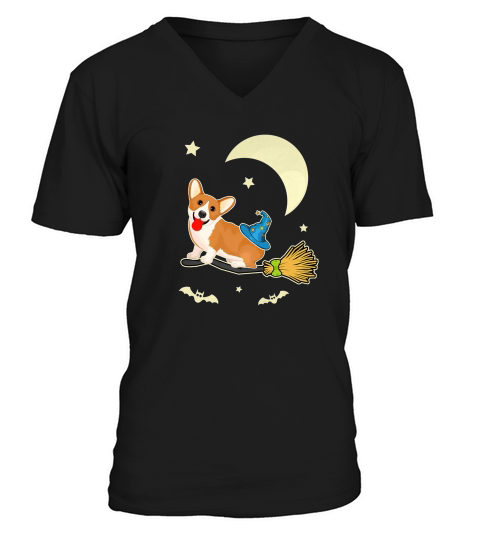 Cute Corgi Witch Halloween Funny Dog Tee V-Neck T-shirt