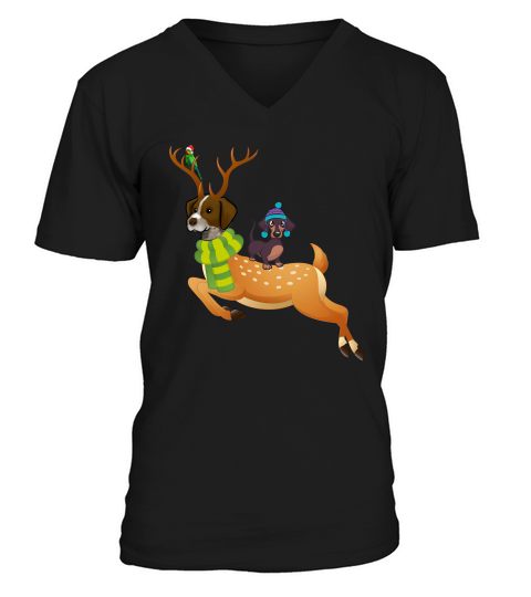 Christmas 2 Dogs German Pointed Shorthair 07 Dog Christmas Funny Reindeer Dog V-Neck T-shirt