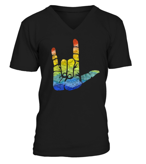 Sign Language I Love You Sign Rainbow Color Art _1 T-shirt V-Neck T-shirt