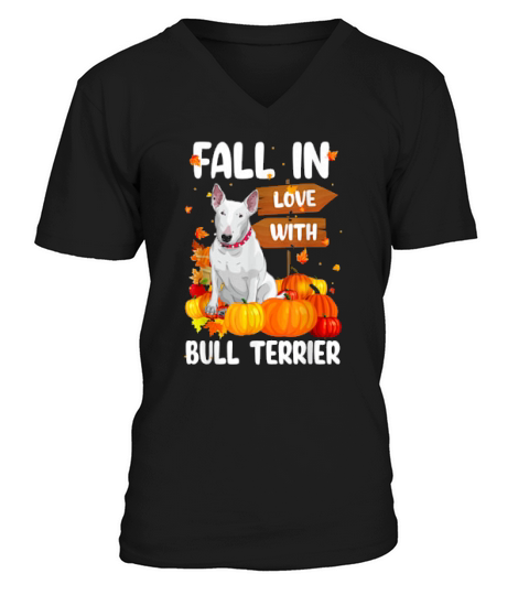 Fall In Love With Bull Terrier Dog On Pumkin Halloween V-Neck T-shirt