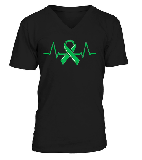 Kidney Donor Heartbeat  Organ Green Ribbon Awareness V-Neck T-shirt