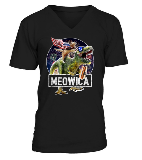 Meowica American Flag Cat T Rex Dinosaur 4th Of July shirt V-Neck T-shirt