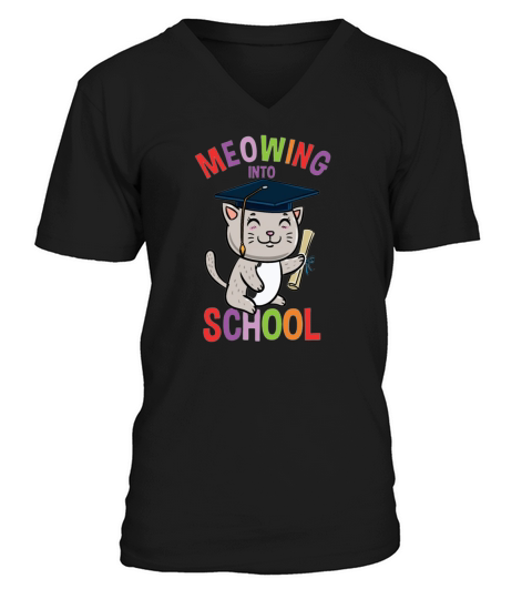moewing into school cat back to school V-Neck T-shirt