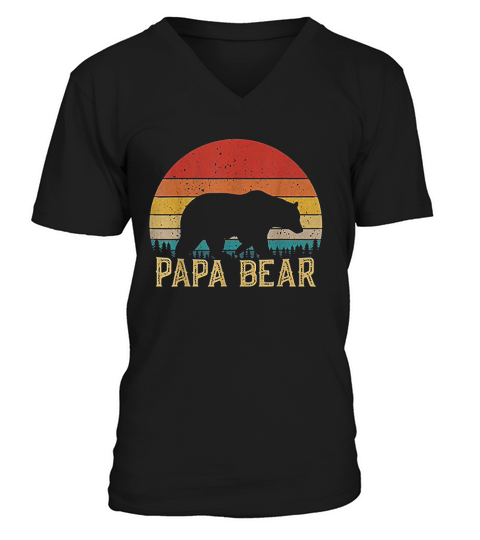 Retro Vintage Sunset Papa Bear Hiking Camping Gift V-Neck T-shirt