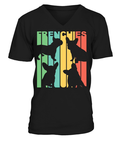 Vintage Retro 1970s Style Rainbow French Bulldogs Silhouette V-Neck T-shirt