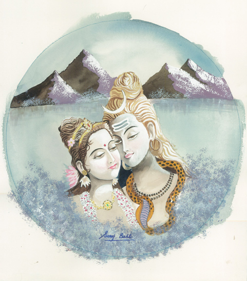 A watercolor painting of lord shiva and lord ganesha.