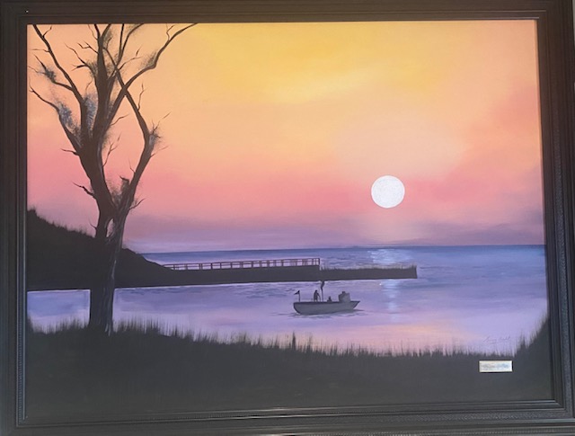 A painting of a boat in the water at sunset.