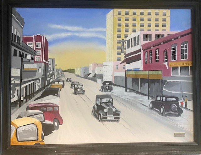 A painting of cars driving down a street.
