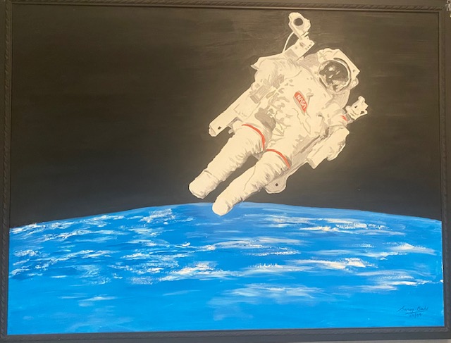 A painting of an astronaut floating in space.