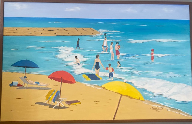 A painting of people at the beach with umbrellas.