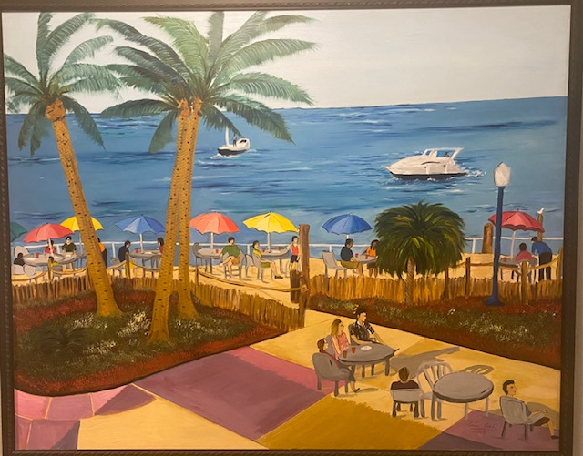 A painting of a beach scene with palm trees and umbrellas.