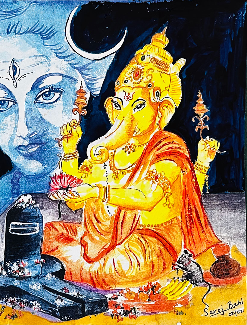 A painting of lord ganesha sitting on a throne.