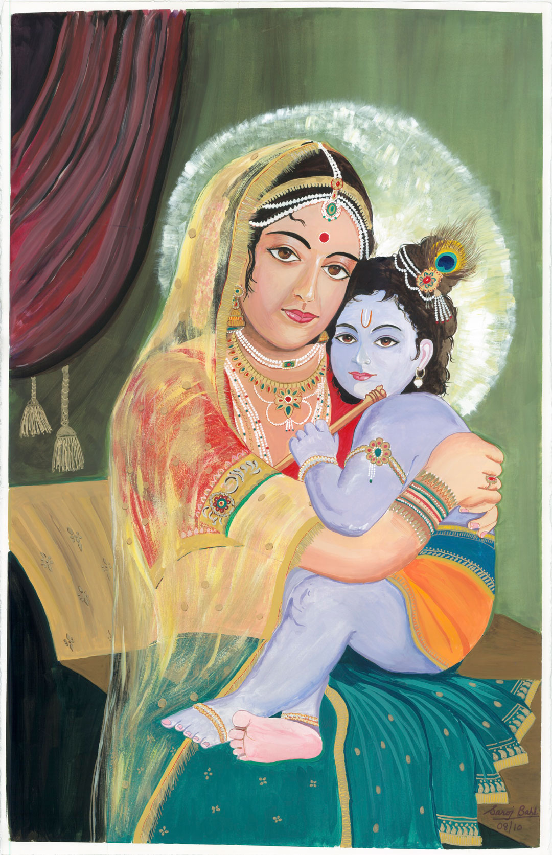 A painting of an indian woman holding a child.