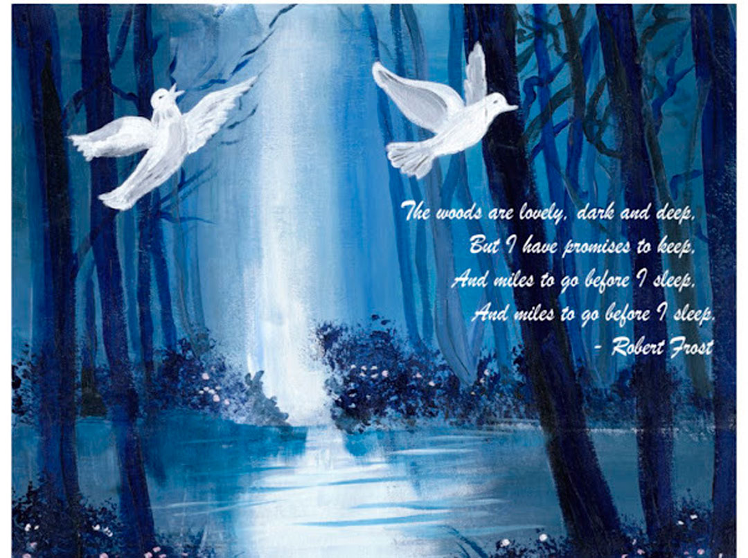 Two doves flying over a river with a quote.