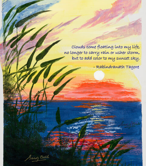 A painting of a sunset with a quote on it.