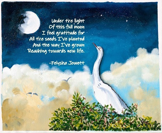 A white egret sitting on a branch with a poem under the moon.