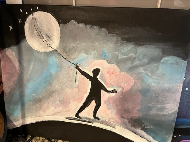 A painting of a man holding a balloon.