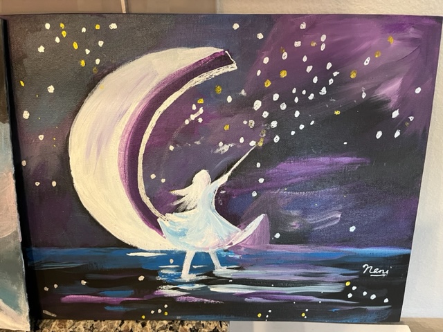 A painting of a girl on the moon.