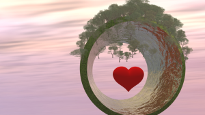 A heart-centered journey within, with a heart in a circle surrounded by trees in the background.