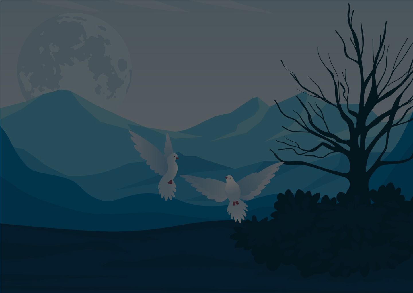 Two white doves flying near a leafless tree against a backdrop of mountains and a full moon, symbolizing the harmony of life missions and understanding passions.