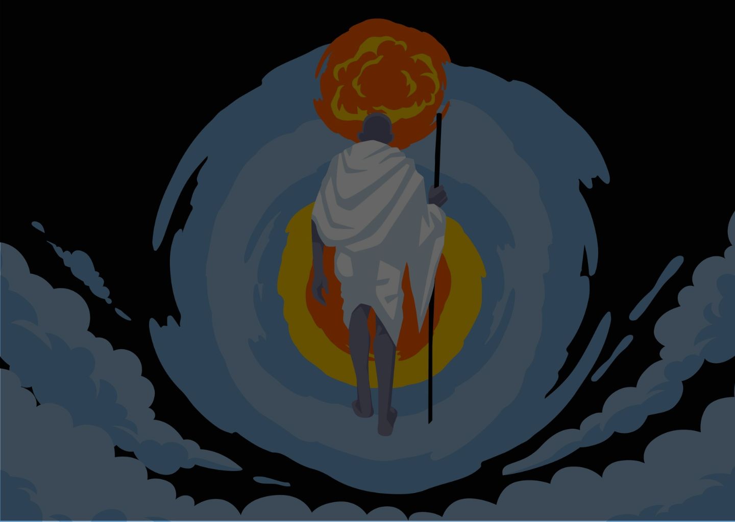 An illustration of a figure with a staff, draped in white cloth, standing before concentric circular patterns with a fiery cloud above. Dark clouds surround the scene, evoking ancient rituals imbued with mythology and faith.