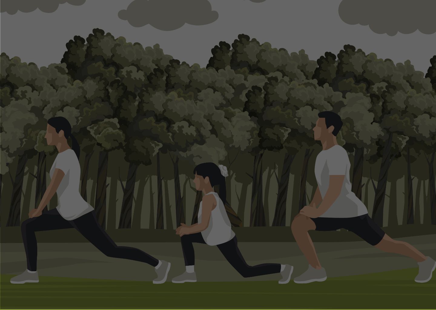 A family of three, dressed in athletic wear, performs lunges in a park with trees in the background, embodying effective self-care through physical activity.