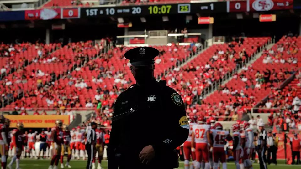 Police officers patrol Levis Stadium, home of the 49ers.