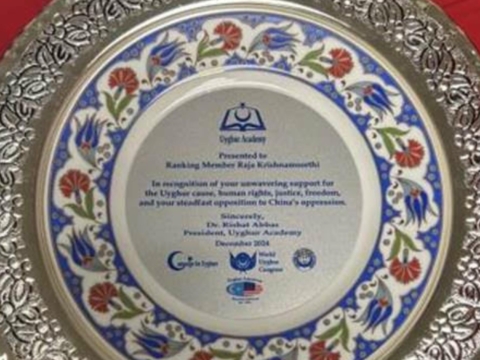 Rep. Raja Krishnamoorthi honored for advocacy on Uyghur human rights