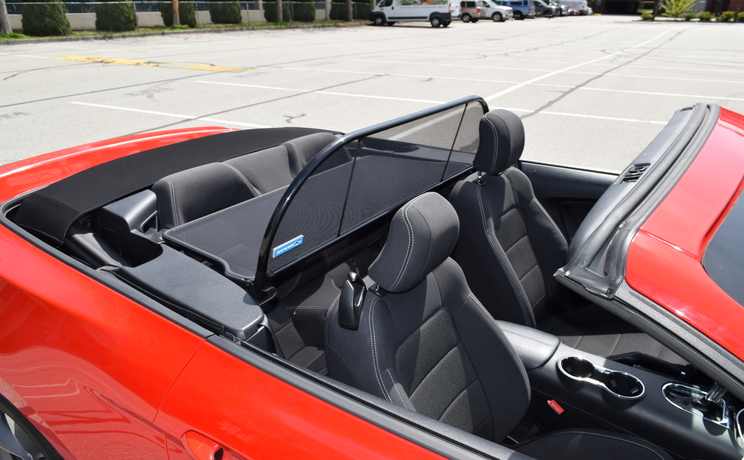 Mustang convertible wind deflector fits 2015 to 2023 photo from the passenger side top view designed by love the drive