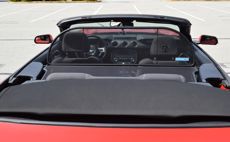 Mustang convertible wind deflector fits 2015 to 2023 photo from the rear designed by love the drive