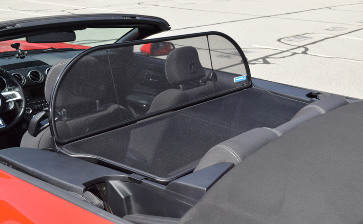Mustang convertible wind deflector fits 2015 to 2023 photo from the rear looking thru designed by love the drive