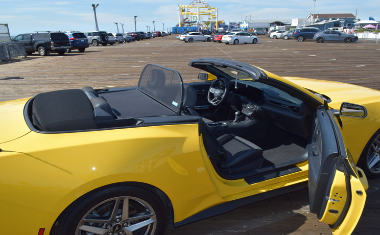 Mustang convertible wind deflector fits 2024 to 2030 at santa monica pier manufacturered by love the drive
