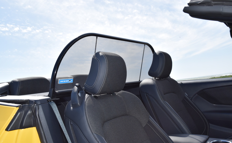 Mustang convertible wind deflector fits 2024 to 2030 at thru the screen looking back manufacturered by love the drive