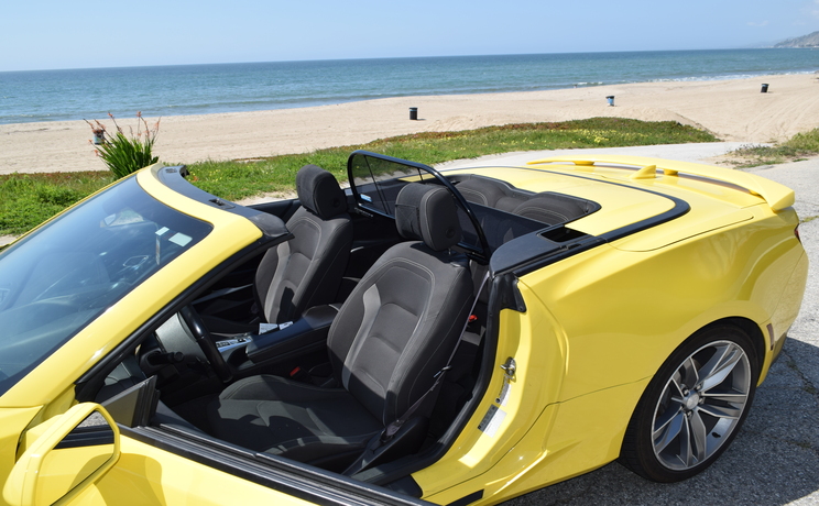 Camaro convertible wind deflector fits 2016 to 2024 at the beach in la door open manufacturered by love the drive.